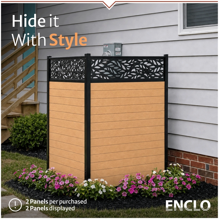Modern AC unit enclosure designed to hide outdoor utilities and trash bins with contemporary decorative privacy styling