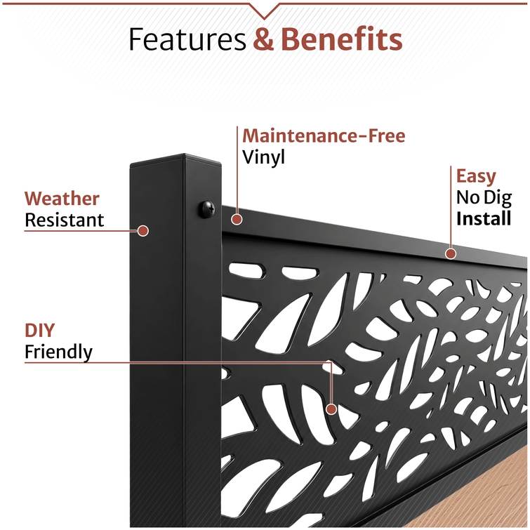 Outdoor privacy fence screen featuring weather-resistant black aluminum framing and maintenance-free vinyl composite panels