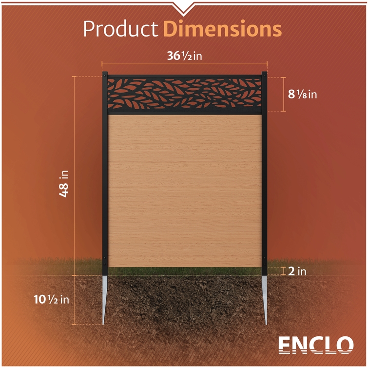 Outdoor utility enclosure dimensions showing overall panel size, decorative top accent height, and installation depth