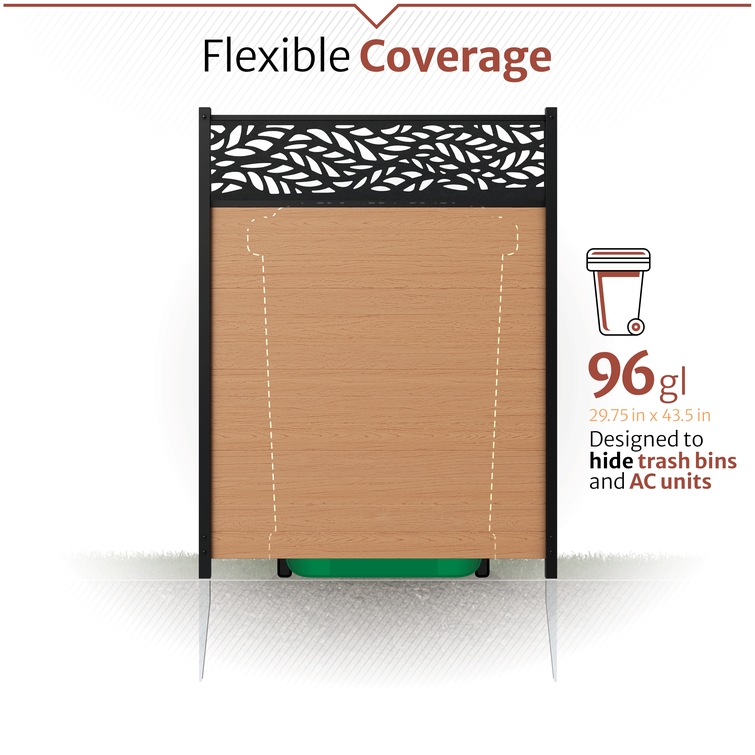 Flexible coverage privacy screen designed to conceal 96-gallon trash bins and residential air conditioning units