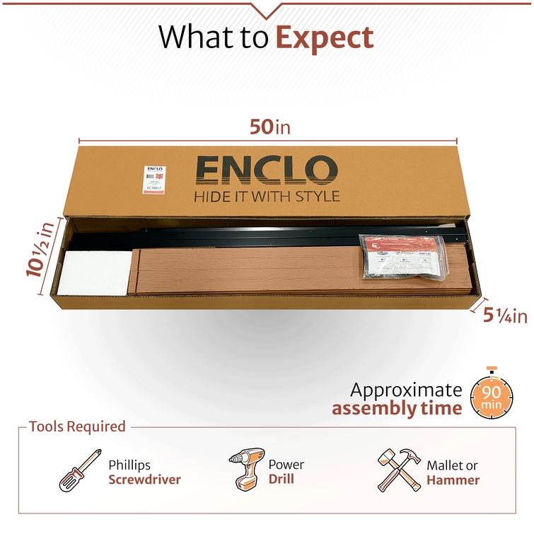 Outdoor enclosure packaging dimensions with included hardware, required assembly tools, and estimated setup time
