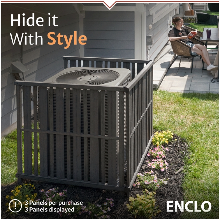 Modern AC unit cover designed to hide outdoor air conditioning systems while maintaining backyard aesthetics and airflow