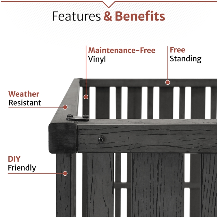 Outdoor privacy enclosure features including maintenance-free vinyl construction, weather-resistant materials, freestanding design, and DIY-friendly assembly