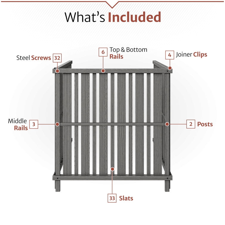 Air conditioner enclosure kit contents including vinyl slats, rails, posts, joiner clips, and steel screws for assembly