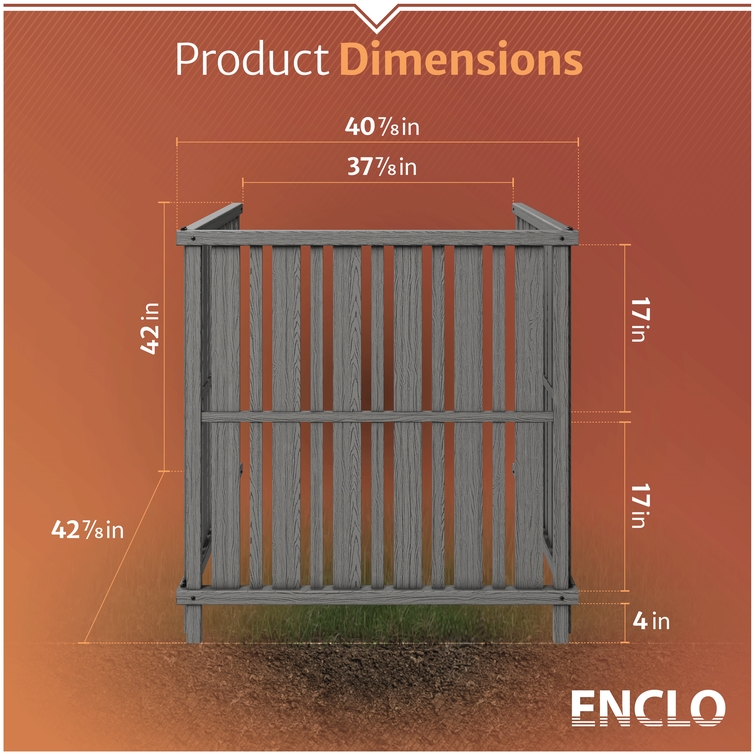 Outdoor AC privacy screen dimensions showing overall enclosure height, width, depth, and ground clearance measurements