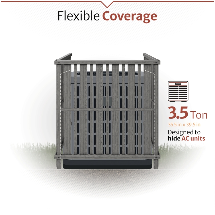 Flexible coverage air conditioner screen designed to conceal residential AC units up to 3.5 tons in size