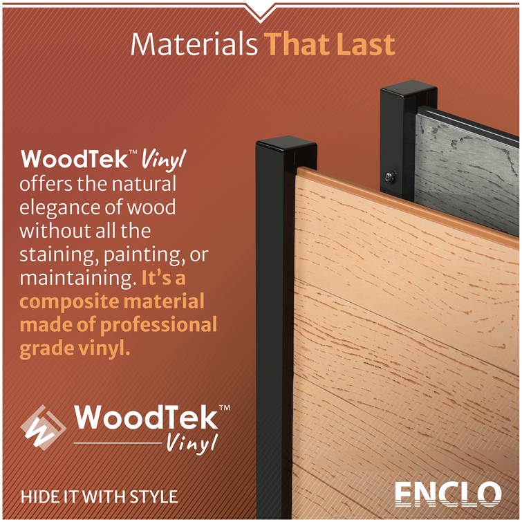 WoodTek composite vinyl enclosure panels with realistic woodgrain texture and low-maintenance weather-resistant construction