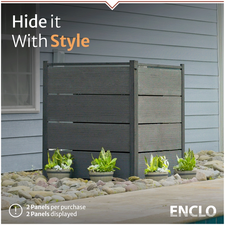 Decorative backyard privacy panel system with woodgrain vinyl boards and contemporary outdoor screening design