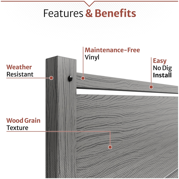 Outdoor privacy enclosure features including weather-resistant vinyl, realistic woodgrain texture, and easy no-dig installation