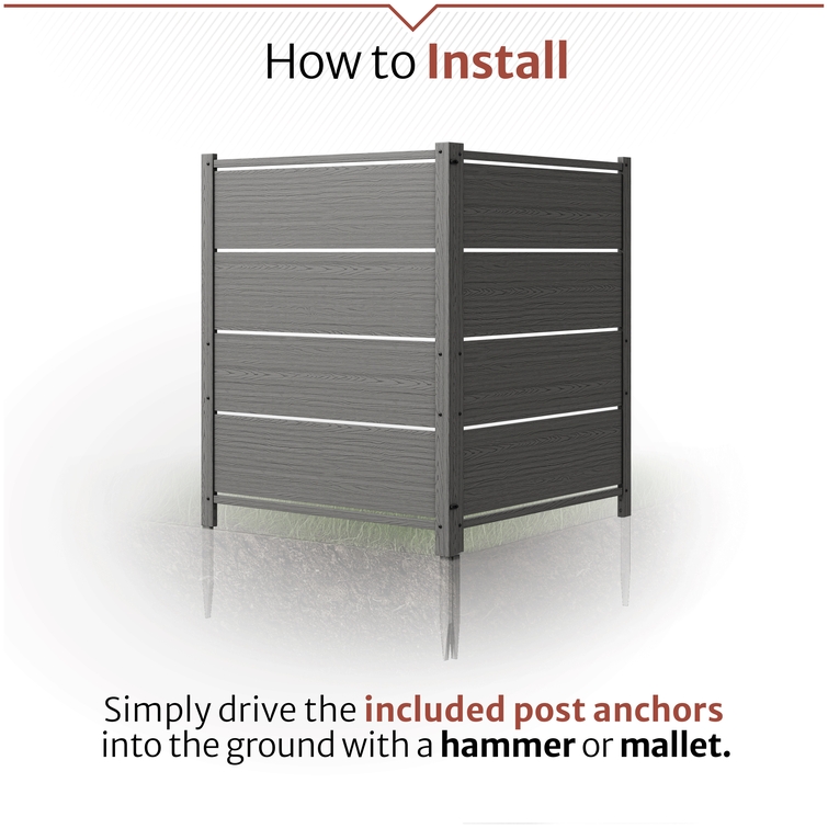 DIY outdoor enclosure installation using included post anchors, rails, and hammer-in ground supports for quick assembly