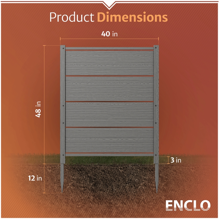 Outdoor enclosure product dimensions showing 40-inch panel width, 48-inch height, and 12-inch ground anchor depth measurements