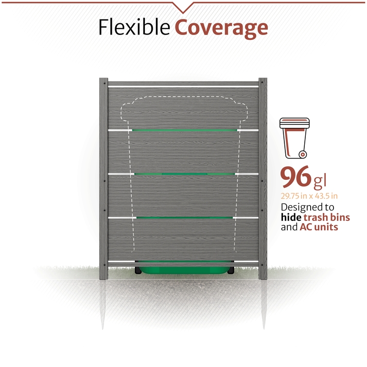 Flexible outdoor coverage privacy panel designed to hide 96-gallon trash bins, air conditioning units, and utility equipment