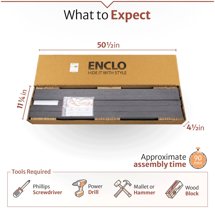 Outdoor privacy enclosure packaging dimensions with assembly time estimate and required installation tools for setup