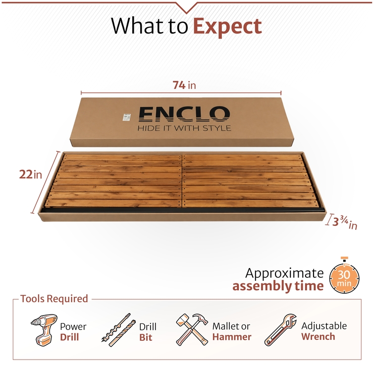 Enclo wood outdoor privacy screen kit packaging dimensions with 30-minute assembly time and required installation tools for patio, deck and balcony privacy screens.