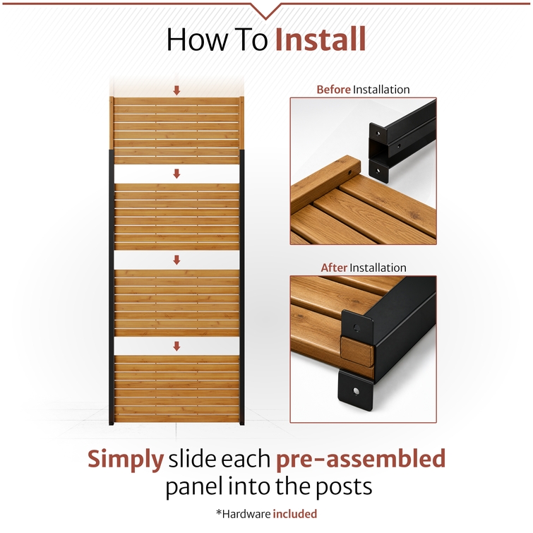 Easy-install Enclo privacy screen with pre-assembled wood panels that slide into aluminum posts, including all required hardware for quick outdoor privacy screen assembly