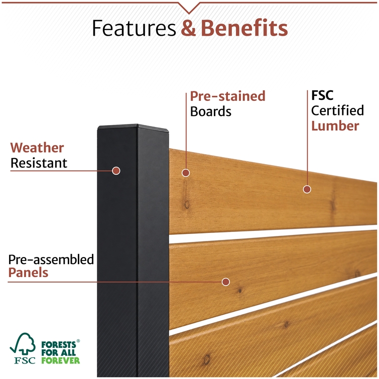 Close-up of Enclo wood privacy screen showing FSC-certified cedar lumber, pre-stained wood boards, weather-resistant construction, and pre-assembled panel design with black aluminum posts