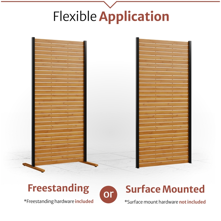 Enclo wood privacy screen shown in freestanding and surface-mounted configurations, offering versatile outdoor privacy solutions for patios, decks, balconies, pools, and gardens