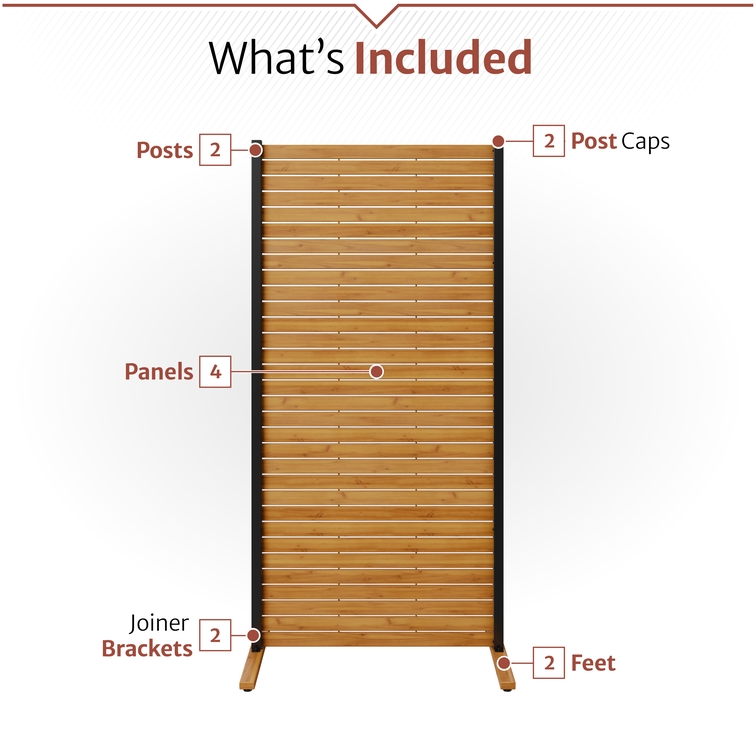 Components included with the Enclo outdoor privacy screen kit, featuring four wood panels, two aluminum posts, two post caps, two support feet, and joiner brackets