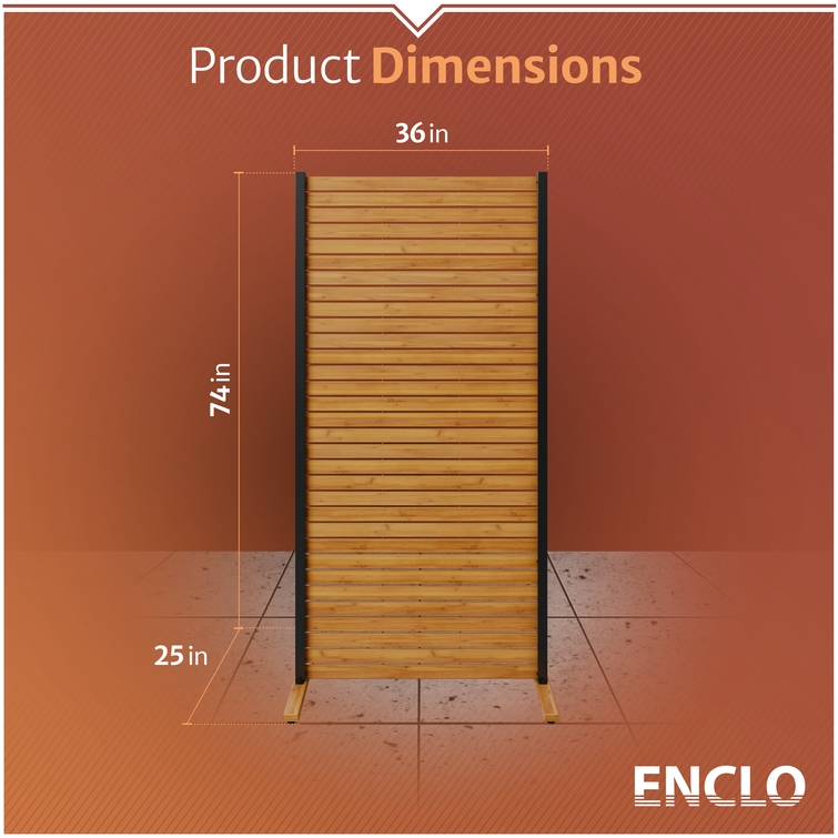 Enclo wood privacy screen dimensions measuring 74 inches high by 36 inches wide with a 25-inch freestanding base, ideal for balcony, patio, and deck privacy