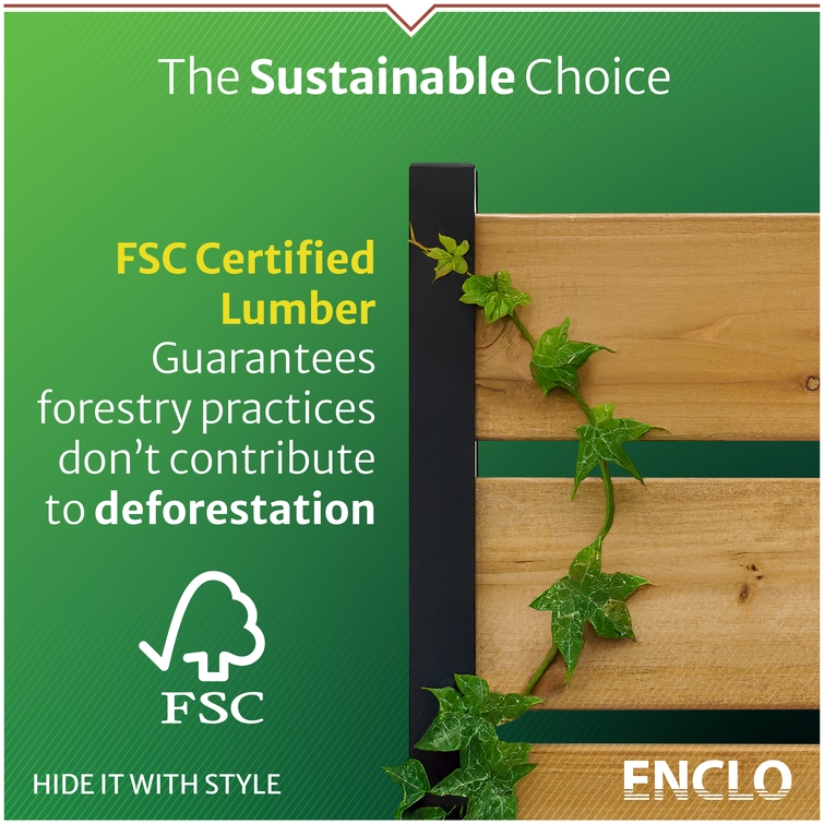 Enclo FSC-certified wood privacy screen made from responsibly sourced lumber, promoting sustainable forestry practices while providing decorative outdoor privacy