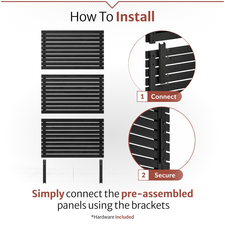 Installation diagram of a Enclo charcoal privacy screen panel showing posts driven directly into the ground with a hammer or mallet, requiring little to no digging.