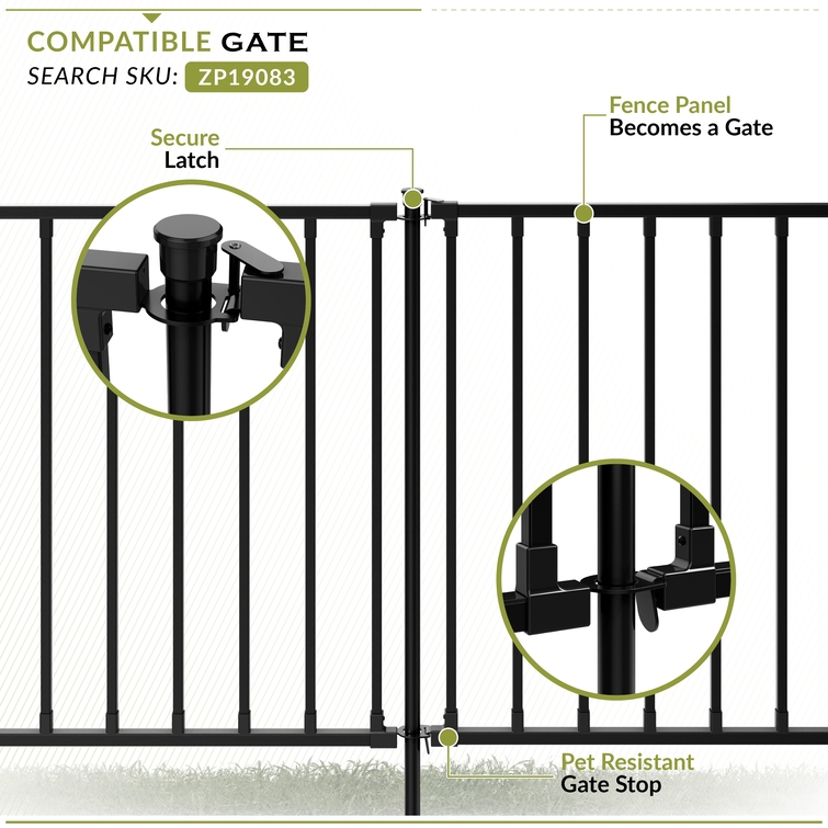 Black aluminum fence panel converted into a walk gate using gate conversion kit ZP19083, featuring a secure latch and pet-resistant gate stop