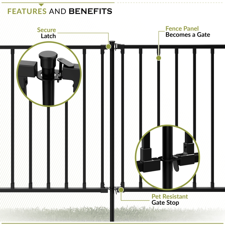 Black aluminum fence panel converted into a walk gate using gate conversion kit ZP19083, featuring a secure latch and pet-resistant gate stop.