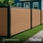 4ft walnut brown composite privacy fence panel installed with black aluminum posts in backyard