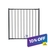Black aluminum fence gate with thin vertical pickets and horizontal top/bottom rails, shown straight-on against white background — 10% off sale