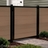 4 ft tall composite privacy fence with walnut brown composite boards, black aluminum frame, and matching walk gate shown closed between fence panels.