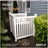 Decorative white outdoor privacy fence concealing air conditioning unit beside house landscaping