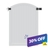 White vinyl privacy gate with an arched top and vertical panel boards, fitted with black hinges and a latch on either side, with a purple-to-blue "30% OFF" clearance banner across the bottom right corner