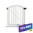 White vinyl arched top gate with vertical pickets, diagonal support brace, and black hinge/latch hardware, shown with mounting bracket — 10% off sale