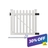 White vinyl picket fence gate with black hinges and latch hardware, mounted on two posts with a mounting bracket shown below, and a purple-to-blue "30% OFF" clearance banner across the bottom right corner