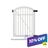 White vinyl arched top gate with vertical pickets, diagonal support brace, and black hinge/latch hardware, shown with mounting bracket — 10% off saleWhite vinyl arched top gate with vertical pickets, diagonal support brace, and black hinge/latch hardware, shown with mounting bracket — 10% off sale