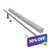 White vinyl fence post components and installation hardware displayed diagonally on a plain white background. The image includes several long white vinyl post sleeves or rails, a long gray metal support post, two gold-colored metal mounting components, and small screws